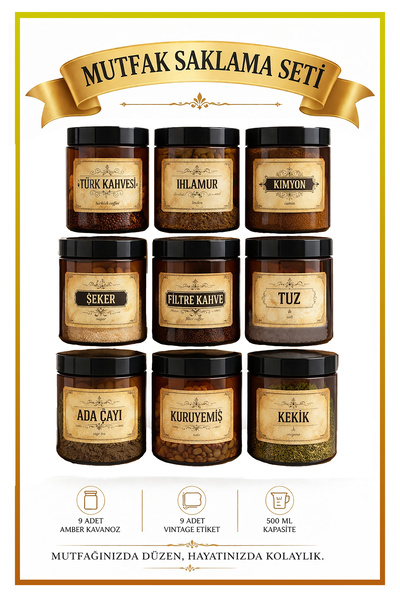 Alubrella Kitchen Storage Set - 9 Amber Jars and Food Labels, 500 ml