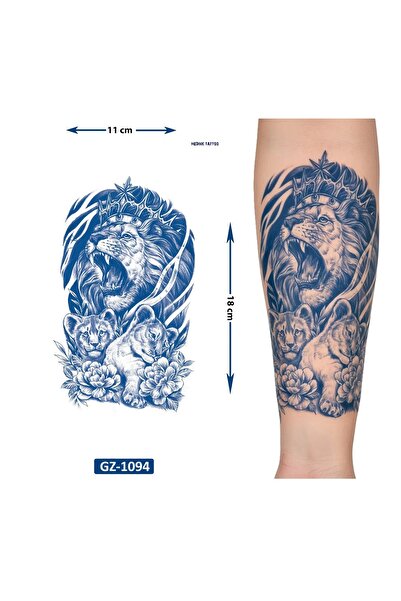 Airbrush Tattoo Aslan ve Yavruları 18x11 cm 1 Aylık Yarı Kalıcı Yapıştırma Ge...