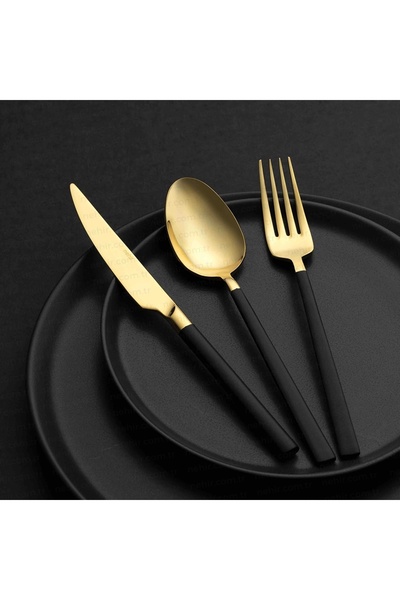 Nehir طقم سكاكين وشوكة وملعقة من داليان باللون الذهبي والأسود اللؤلؤي مكون من...