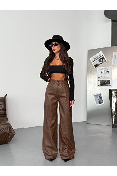 HerTon Παντελόνι από συνθετικό δέρμα, Παντελόνι με φαρδιά μπατζάκια, Δερμάτιν...