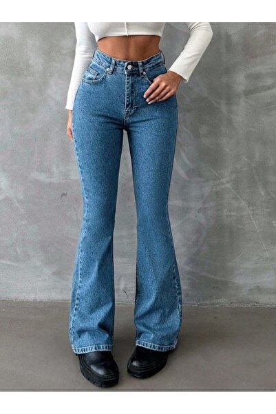 High Waist Spandex Leg Jean Trousers - Full Cotton Flare Denim with Antiquated Detail
