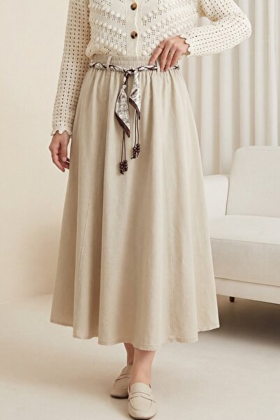 Modamorfo Λινή φούστα με ελαστική μέση, ζώνη και τσέπες - πέτρα
