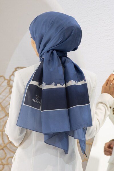 Vissona 100% Silk Floral Patterned Indigo Colored 92X210 Shawl