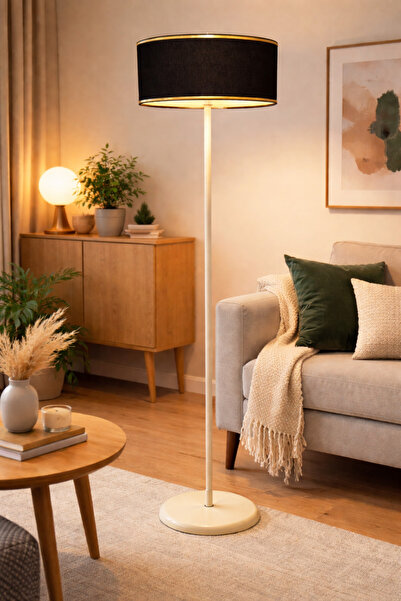 retro home design Krem Ayaklı Siyah Kumaş Gold Detaylı Lambader Tek Ayaklı De...
