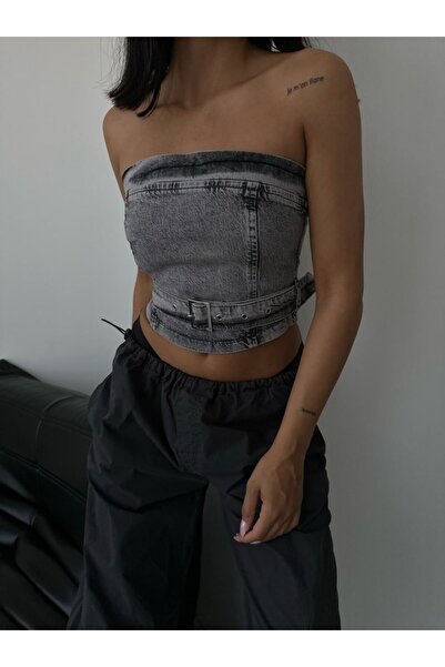HerTon Kadın Kemerli Jean Bustiyer - Arkadan Fermuarlı Denim Korse Top