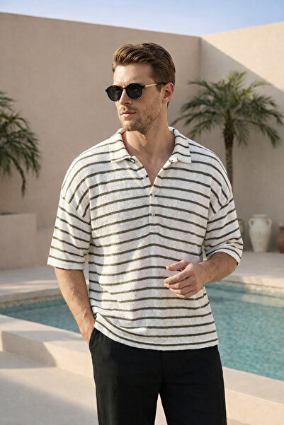 İLKCET MODA Button Collar Khaki Half Sleeve Oversize Striped Tshirt