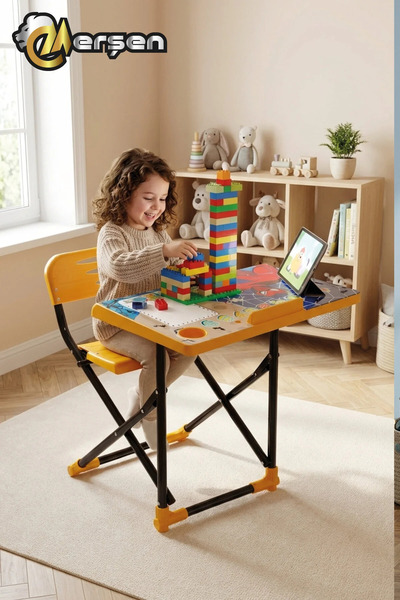 Erşen Katlanabilir Çocuk Ders Çalışma Masası Sarı Renk Masa ve Sandalyesi – A...