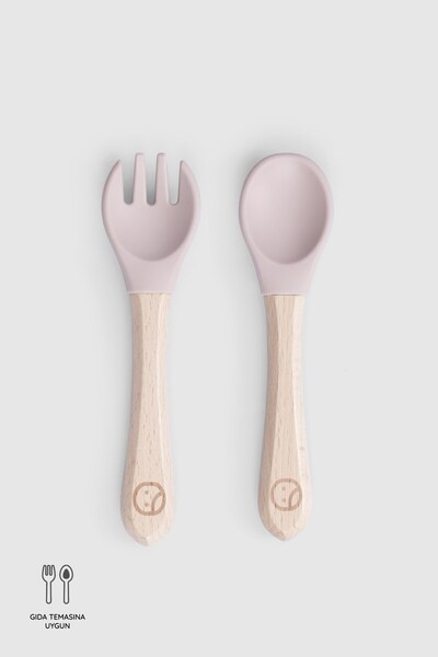 Little Gusto Bambu Saplı Pembe Silikon Çatal Kaşık Seti