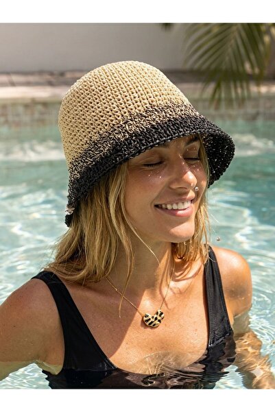 Axesoire 14404 Μπεζ και μαύρο ψάθινο καπέλο - Πλεκτό με λεπτομέρειες