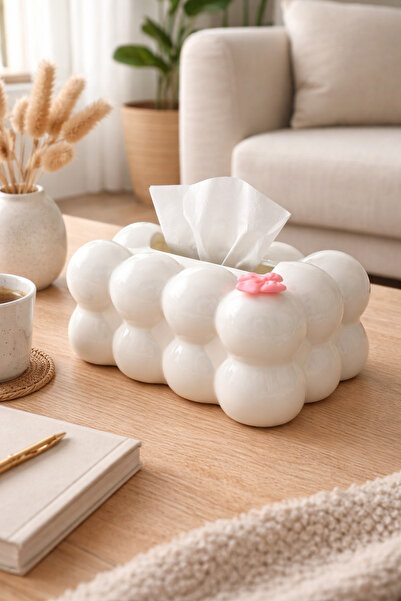 Bubble Tasarım Peçetelik – Modern Dekoratif Masa Üstü Peçete Kutusu (Beyaz, Fiyonk Detaylı)