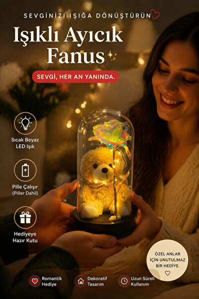 RELİEVO Özel Ayıcıklı Fanus Içerisinde Led Işıklı Sarı Sonsuzluk Gülü
