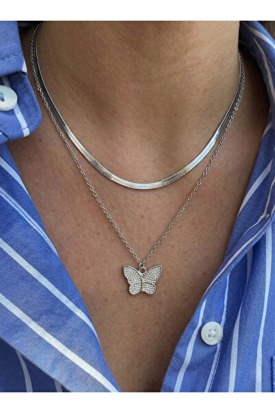 AccessoriesCınCık 316L Anti-Tarnish Butterfly Steel Necklace Double Chain Sta...