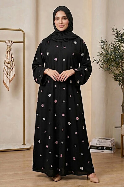 Muchmy عباءة أنيقة سوداء من قماش النيدا مطرزة بالزهور للنساء مع أزرار أمامية ...