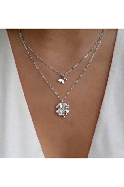 AccessoriesCınCık 316L Kararmaz Çelik Kolye Yonca Kelebek Kolye Çift Zincir P...