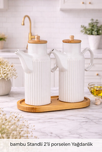 Pembelia Life Bambu Standlı 2’li 1000 ml Prizma Porselen Ayçiçek Yağı Zeytin ...