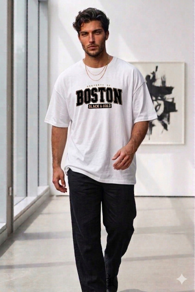 CAST COLLECTİON Μπλουζάκι Unisex Λευκό Boston με Μαύρο Τύπωμα Oversize