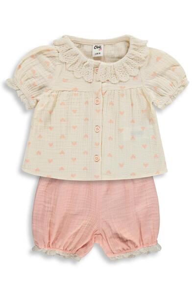 Civil Baby Yaka Dantelli Kalp Baskılı 6-18 Ay Takım - Bej