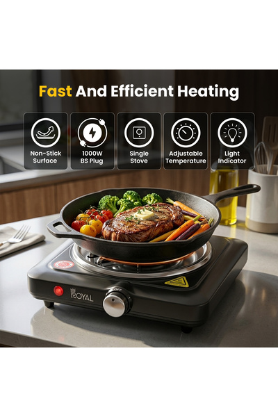 Royal Appliances موقد كهربائي حلزوني مفرد بقوة 1000 واط، درجة حرارة قابلة للتعديل وطلاء مانع للالتصاق