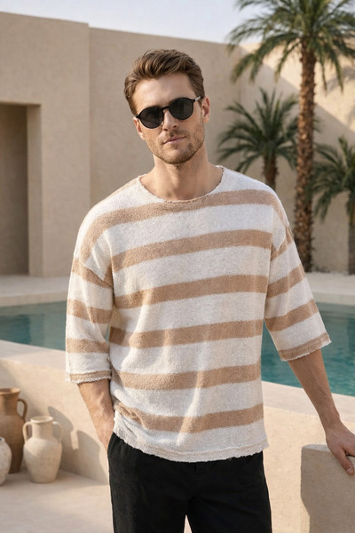 İLKCET MODA Πλεκτό Κρεμ Ζακάρ Μισόμανικο Μπλουζάκι Oversize