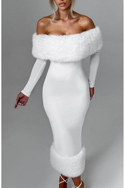 Friday Mood Γυναικείο φόρεμα με λεπτομέρεια από γούνα με λαιμόκοψη Madonna