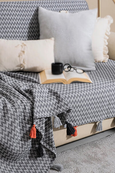 Lux Touch Κάλυμμα καναπέ Magnolia με φούντες ανθρακί 170x205 cm - Premium, με...