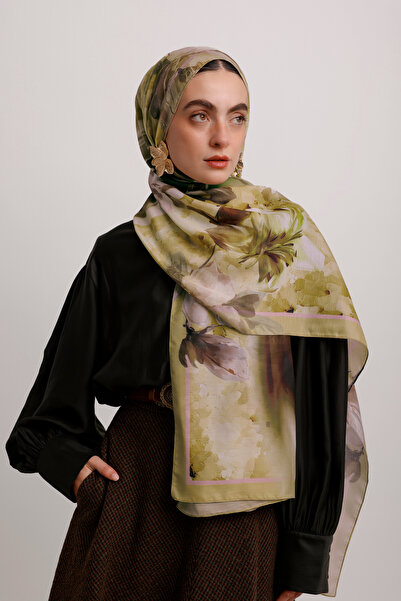 Ayshara Σάλι μονής όψης με σχέδιο λουλουδιών - Πράσινο μουσταρδί