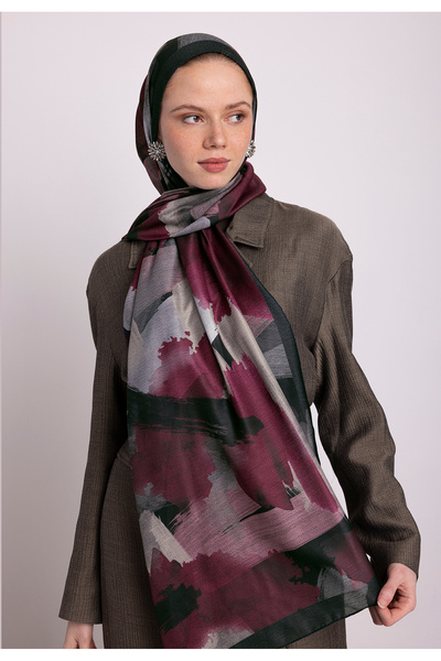 Ayshara Φουλάρι μονής όψης Fırça Με σχέδιο - Μαύρο με Βυσσινί Απόχρωση