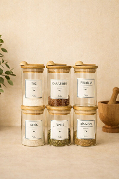 KaiHome طقم توابل زجاجي سعة 300 مل مكون من 6 قطع مع غطاء مفرغ من الخيزران و6 ...