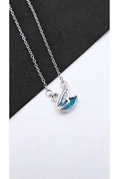 Serenity Silver Swan Steel Necklace with Blue Zircon Stone