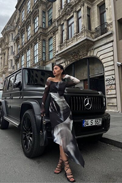 Friday Mood Γυναικείο φόρεμα από τούλι με ασύμμετρο μαύρο μικτό σχέδιο