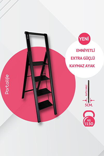 Portalife Tutma Kollu 4 Basamaklı Çelik Takviyeli Alüminyum Şık Merdiven – Ge...