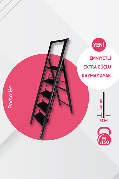 Portalife Tutma Kollu 5 Basamaklı Alüminyum Merdiven – Geniş Basamaklı, Kalın...