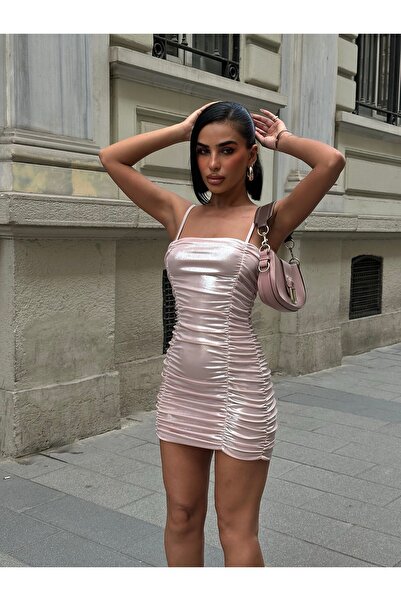 Friday Mood Γυναικείο γυαλιστερό μίνι φόρεμα με κορδόνι