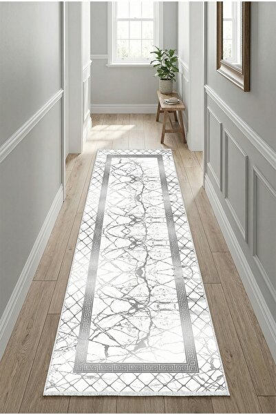 VOPTEKS Beyaz Gri Yolluk Makinede Yıkanabilir Kaymaz Taban Yolluk