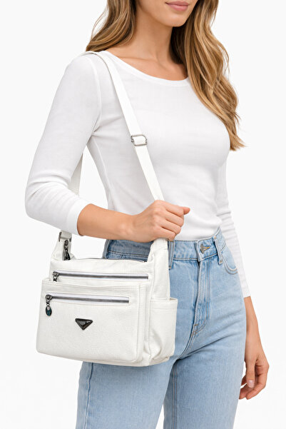 samilon Λευκή γυναικεία πλυμένη δερμάτινη τσάντα ώμου σταυρού με μπόλικα μαξι...