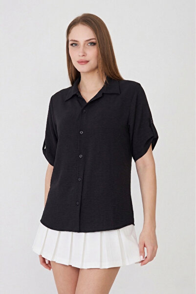 Sortie Γυναικείο μαύρο άνετο κοντομάνικο πουκάμισο Aerobin με υφή
