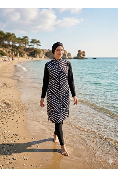 My-o Γυναικείο ολόσωμο σετ μαγιό με γεωμετρικό ασπρόμαυρο σχέδιο Hijab