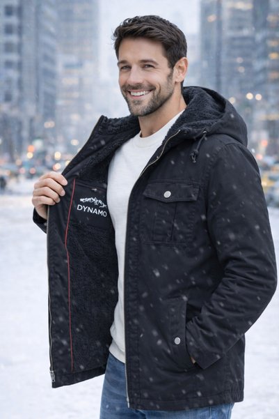 DYNAMO Men's Black Large Size Hooded Fur Lined Waterproof Coat