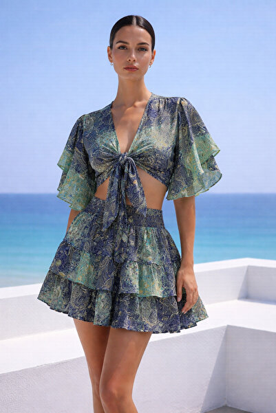 laviyonsa Μποέμ κοντή φούστα & Μπολερό Αυθεντικό μεταξωτό σετ STD 36-46 με λά...