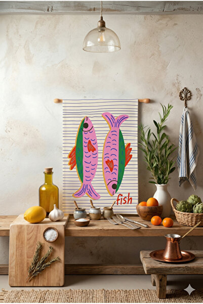 ASDİVA FISH-02 Διακοσμητική μοντέρνα πετσέτα κουζίνας/πανί στεγνώματος με ριγ...