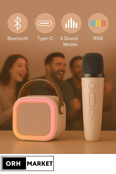 ORH Market Kablosuz Karaoke Bluetooth Hoparlör Tek Mikrofonlu RGB Işıklı, Taş...