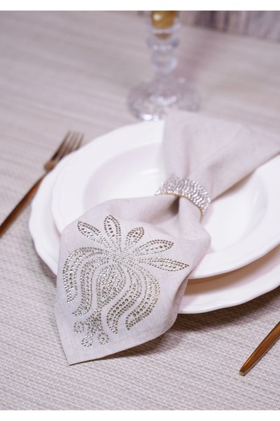 desicap 6-Piece Lotus Sun Sparkle Stone Embroidered - Beige Linen Napkin - 34X34 cm Event Table Napkin