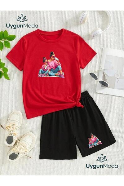 UygunModa Mother-Daughter Printed T-Shirt Shorts Summer Children's Set