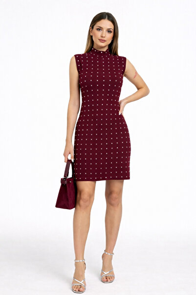 İLKCET MODA Γυναικείο Οθωμανικό Μίνι Φόρεμα σε Βουργουνδία με Πέτρες