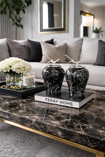 ferayhome Dekoratif Obje Şah Küp 2 li Gümüş Dal Zamaklı Siyah Gümüş Mermer - ...