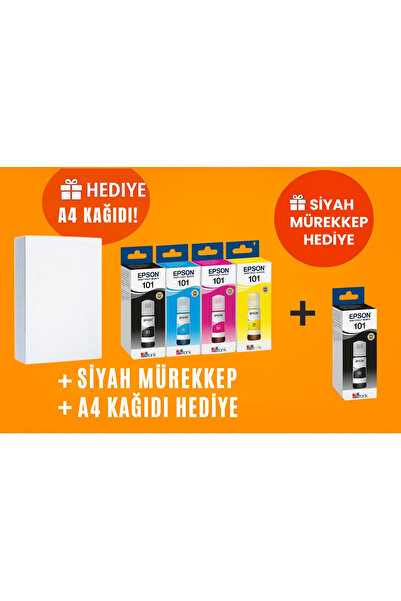 EPSON 101 L14150 4 Renk (SİYAH SARI MAVİ KIRMIZI) Mürekkep Seti + 1 Siyah Hed...