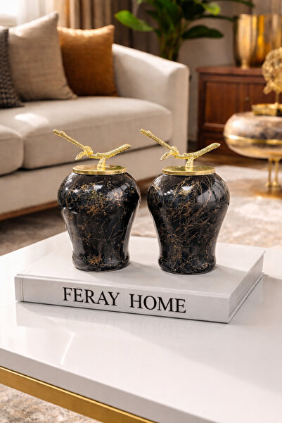 ferayhome Dekoratif Obje Şah Küp 2 li Gold Dal Zamaklı Siyah Mermer - Feray Home
