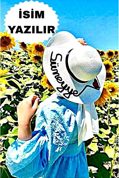 (İSMİNİZİ YAZIYORUZ) Yazlık Beyaz Kadın Hasır Şapka Kadın Plaj Şapkası Kişiye Özel
