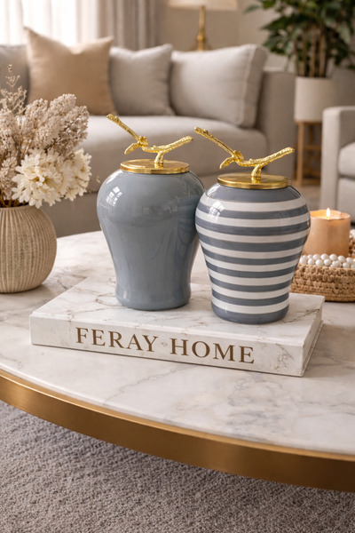ferayhome Dekoratif Obje Şah Küp 2 li Gold Dal Zamaklı Gri Klasik Zebra - Fer...