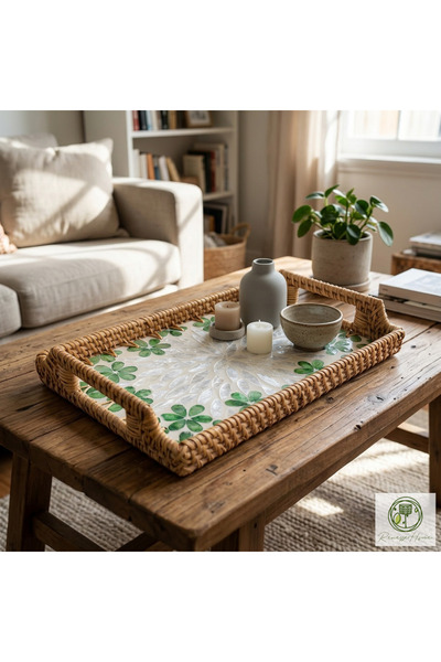 Renesse Home Wajid Handmade Pearlescent Rattan Tray with Handles – Presentation and Decorative Serving Tray (23X33Cm)
